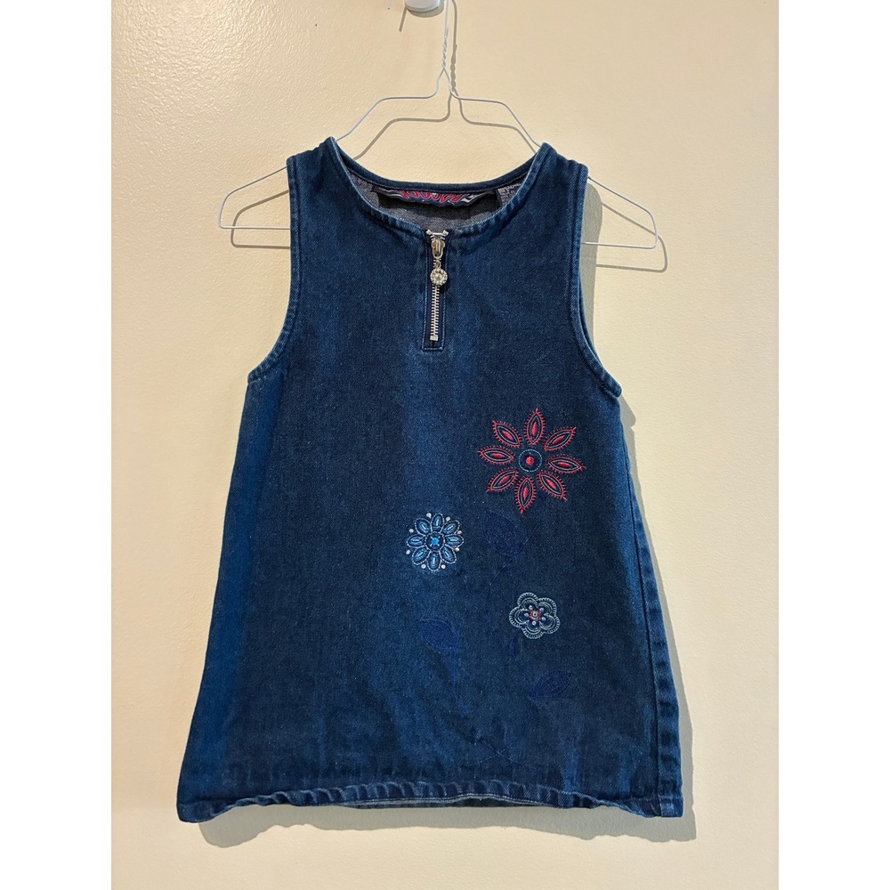 JouJou Kids Girls Vintage Denim Floral Embroidered Jumper Dress Dark Wash 6X